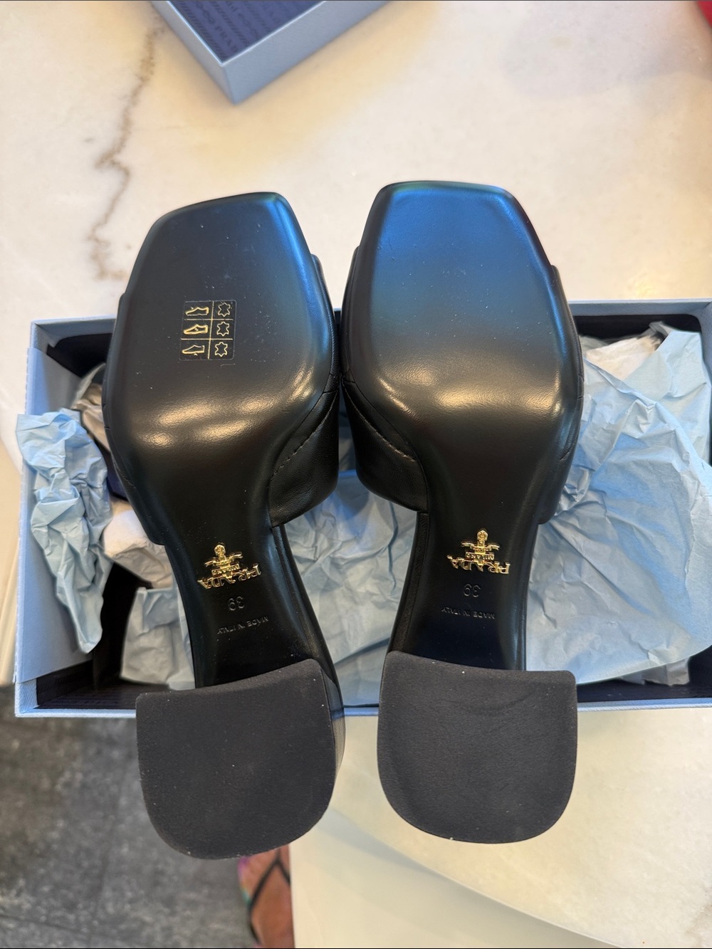 NIB Prada Black Quilted Leather Block Heel Mules with Gold Logo - Picture 7 of 8